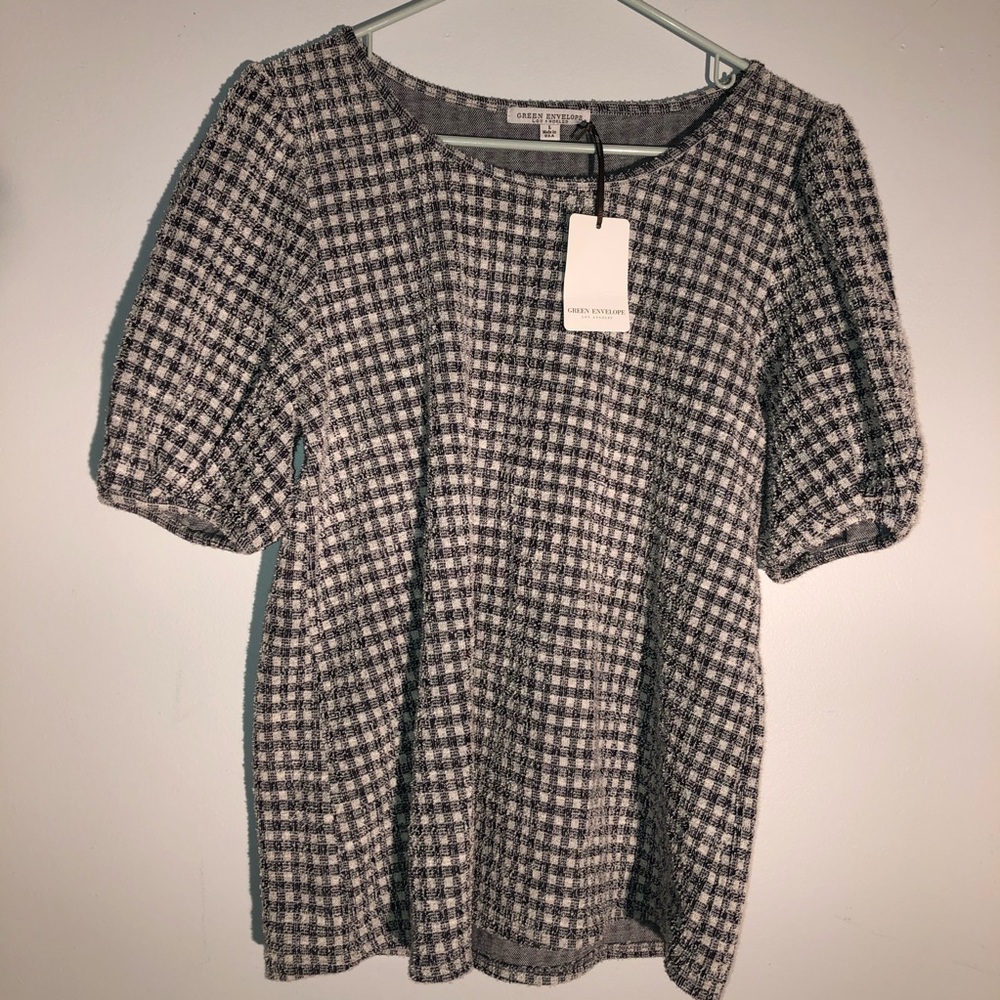 Green envelope black and white gingham plaid shirt